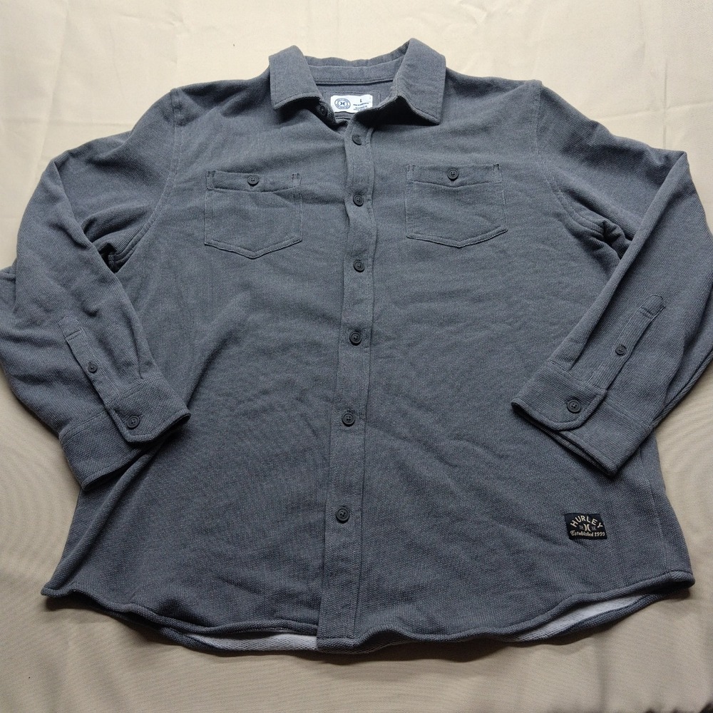 Hurley Men's Large Ultra Soft Grey Long Sleeve Button Down Shirt Blue Skies